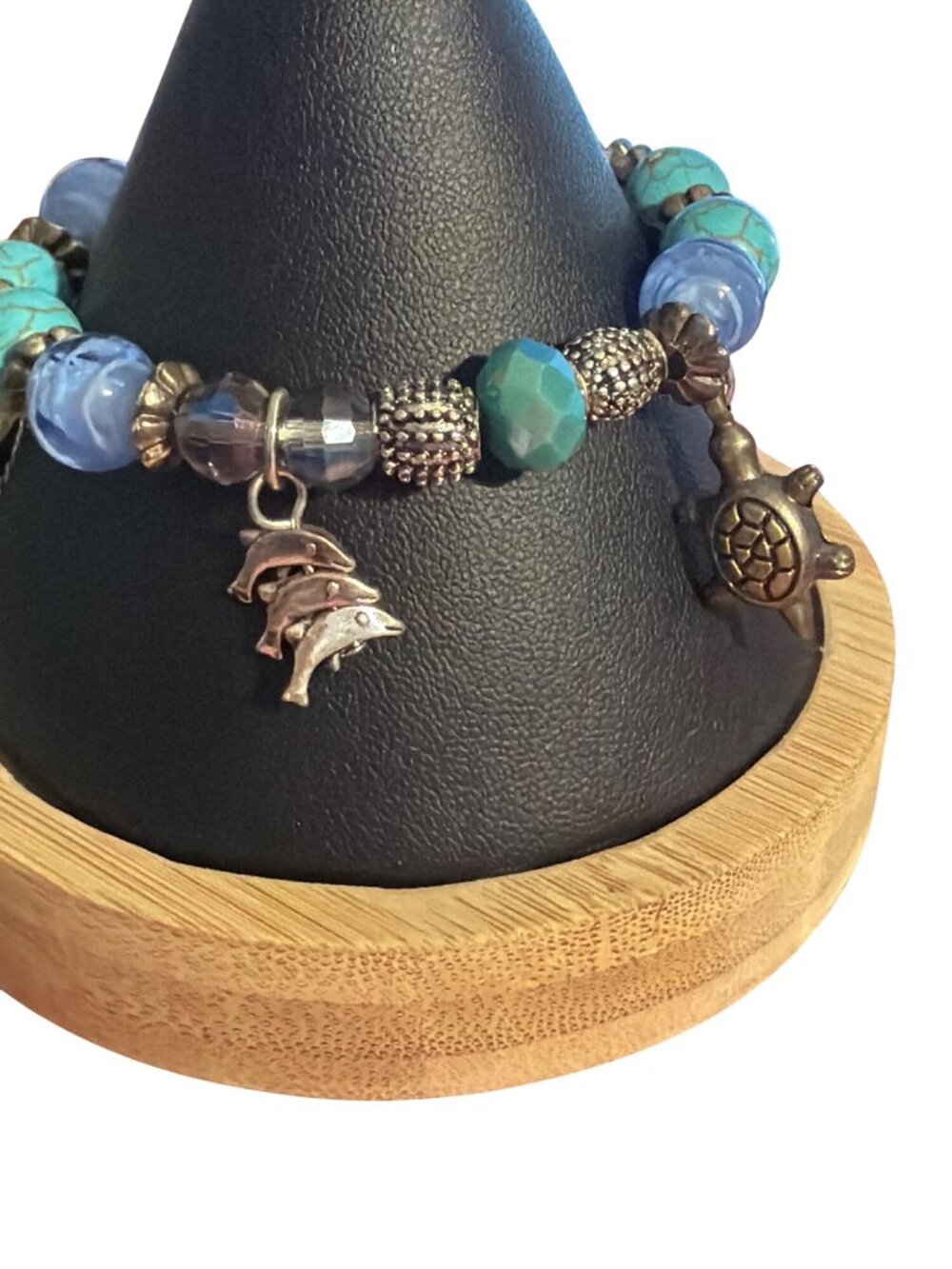 Ocean Themed Charm Stretch Bracelet Turquoise Enamel Glass Beads Dolphin Turtle - Picture 2 of 5